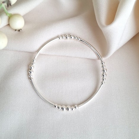 Bracelet élastique perles et tubes argent 925