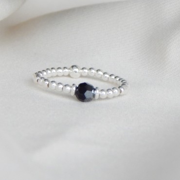 Bague élatique Argent & perle cristal noir