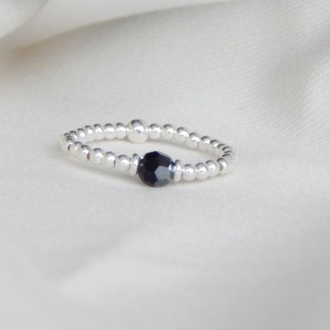 Bague élatique Argent & perle cristal noir