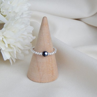 Bague élatique Argent & perle cristal noir