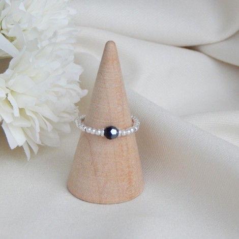 Bague élatique Argent & perle cristal noir